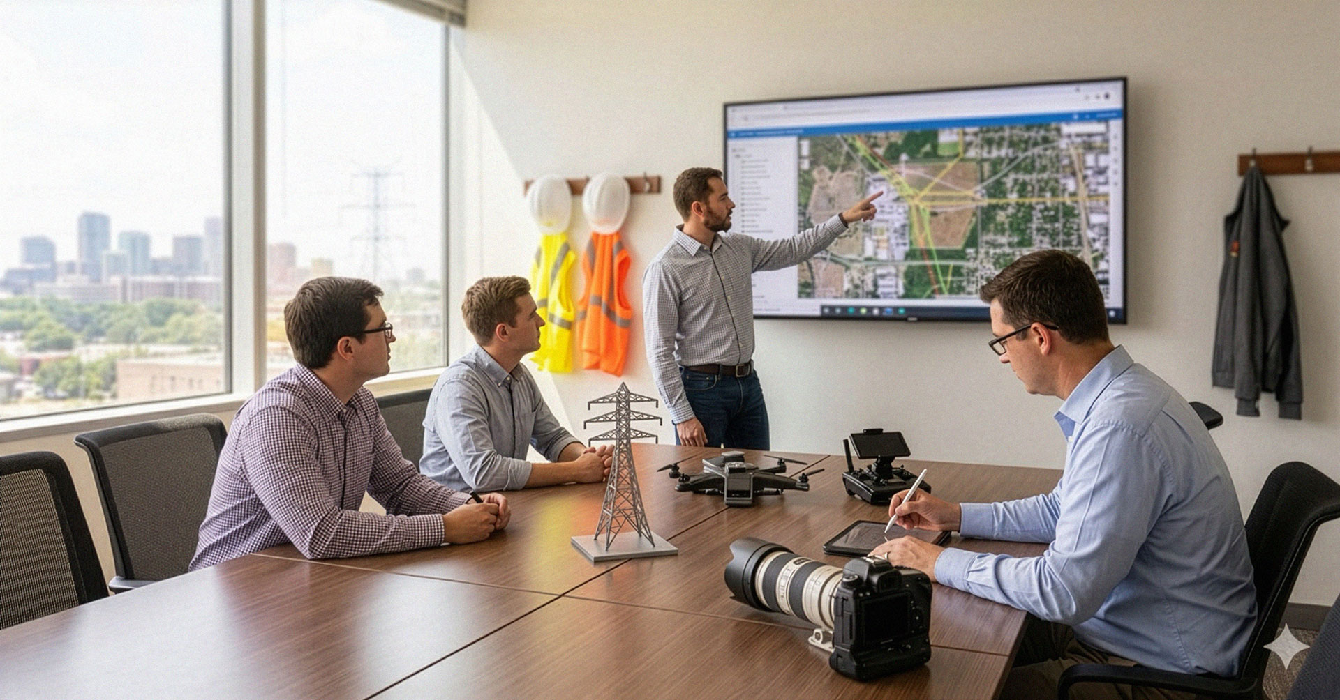 Electrical engineers analyzing transmission data